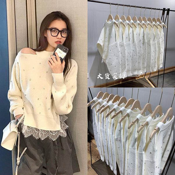 designer french niche new split off shoulder diamond ins blogger lace crystal nail bead sweater, White
designer french niche new split off shoulder diamond ins blogger lace crystal nail bead sweater, White