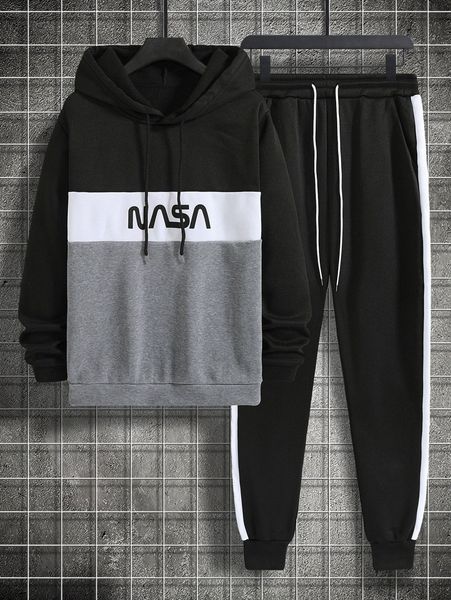 men colorblock letter graphic drawstring thermal hoodie & sweatpants 361c#, Gray 
men colorblock letter graphic drawstring thermal hoodie & sweatpants 361c#, Gray