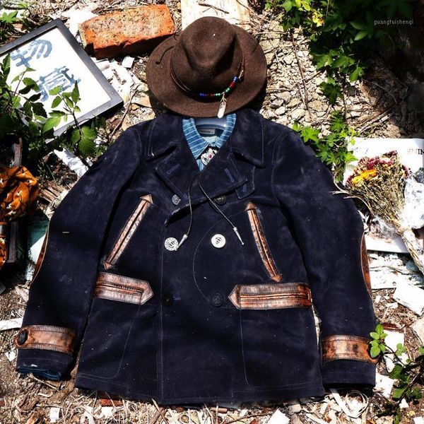30's peacoat navy coat, mid-length, well-known 740, uses brushed cowhide to reproduce the classic men's leather & faux, Black
30's peacoat navy coat, mid-length, well-known 740, uses brushed cowhide to reproduce the classic men's leather & faux, Black
