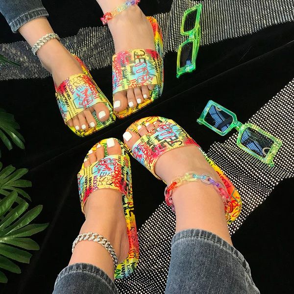 summer style european and american fashion creative graffiti flat sandals slippers female outer wear, Black