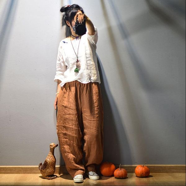 loose solid color womens pants elastic waist linen vintage flax trousers summer autumn, Black;white
loose solid color womens pants elastic waist linen vintage flax trousers summer autumn, Black;white