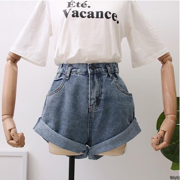 summer women's folded hemming shorts denim casual high waist wide leg, White;black
summer women's folded hemming shorts denim casual high waist wide leg, White;black