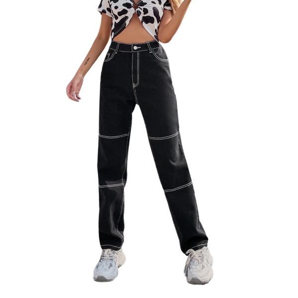 women's pants & capris women high waist denim side pockets sewing loose casual party street black trousers, Black;white
women's pants & capris women high waist denim side pockets sewing loose casual party street black trousers, Black;white