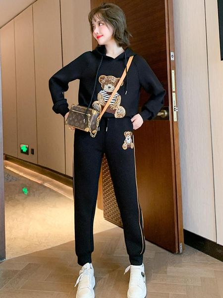 women's two piece pants cartoon bear flocking nail drill hooded sweater+women's trousers casual suit 2021 spring top, White
women's two piece pants cartoon bear flocking nail drill hooded sweater+women's trousers casual suit 2021 spring top, White