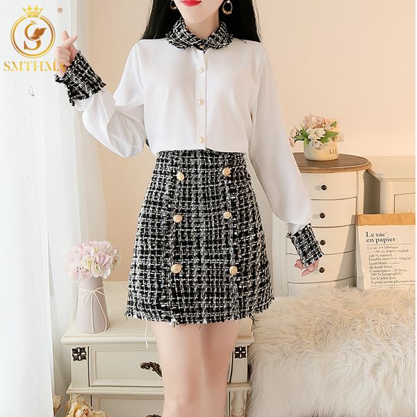 women spring two piece set casual long sleeve fashion white blouse +double breasted wool tweed plaid skirt suit 210520
women spring two piece set casual long sleeve fashion white blouse +double breasted wool tweed plaid skirt suit 210520