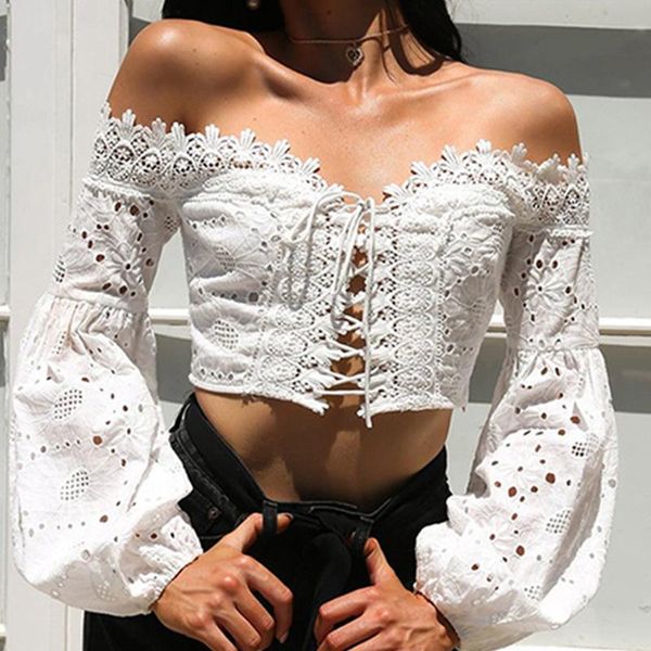 women off shoulder summer blouse crochet lace patchwork bandage hollow out ladies boho casual lantern sleeve shirts blusa women's blou, White
women off shoulder summer blouse crochet lace patchwork bandage hollow out ladies boho casual lantern sleeve shirts blusa women's blou, White