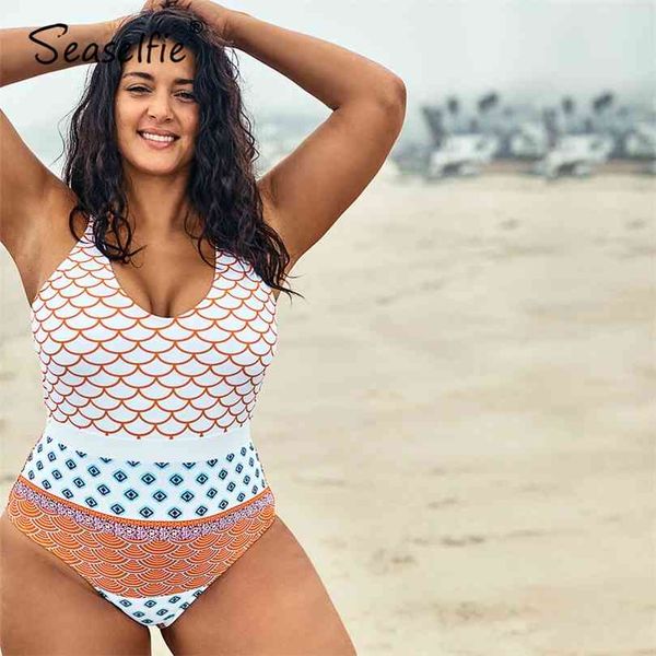 seaselfie plus size fish scales printed swimsuit women large monokini bathing suit beach swimwear 210712, White;black 
seaselfie plus size fish scales printed swimsuit women large monokini bathing suit beach swimwear 210712, White;black