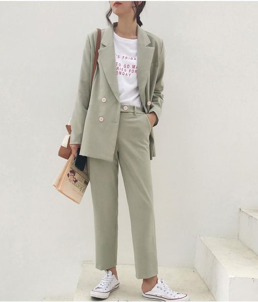office wear women suits vintage double breasted pant suit light green notched blazer jacket & high waist women's two piece pants, White
office wear women suits vintage double breasted pant suit light green notched blazer jacket & high waist women's two piece pants, White