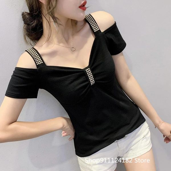 women's t-shirt european station summer 2021 heavy industry drill small shirt women short-sleeved one-way neck strapless, White
women's t-shirt european station summer 2021 heavy industry drill small shirt women short-sleeved one-way neck strapless, White