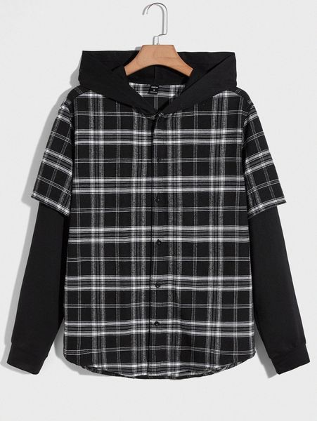 men single breasted plaid 2 in 1 shirt b9j7#, White;black 
men single breasted plaid 2 in 1 shirt b9j7#, White;black