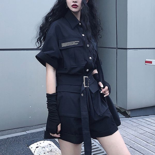 black gothic jumpsuit women korean harajuku vintage high waist cargo pants short sleeve streetwear rompers suit clothes, Black;white
black gothic jumpsuit women korean harajuku vintage high waist cargo pants short sleeve streetwear rompers suit clothes, Black;white