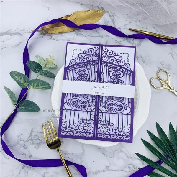 greeting cards vintage slate purple intricate laser cut gate-folded wedding invitation kits, personalized invites with belly band
greeting cards vintage slate purple intricate laser cut gate-folded wedding invitation kits, personalized invites with belly band