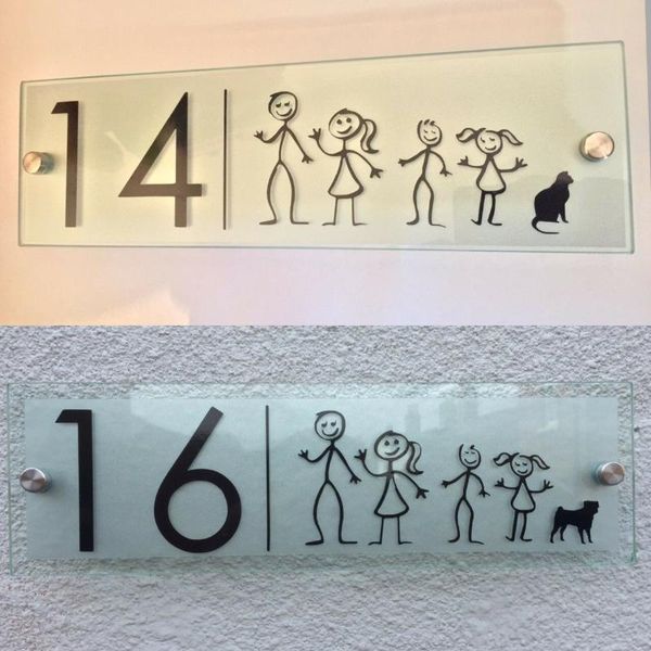 other door hardware house sign plaque number stick man family dog/cat glass acrylic