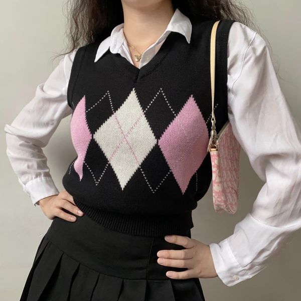 women's vests woman sweaters kawaii vintage sweater vest korean v neck argyle knitted sleeveless cute, Black;white
women's vests woman sweaters kawaii vintage sweater vest korean v neck argyle knitted sleeveless cute, Black;white