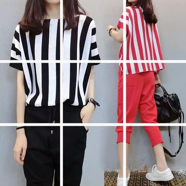women's t-shirt large size suit in 2021 summer with striped thin two piece fattening and leisure, White
women's t-shirt large size suit in 2021 summer with striped thin two piece fattening and leisure, White