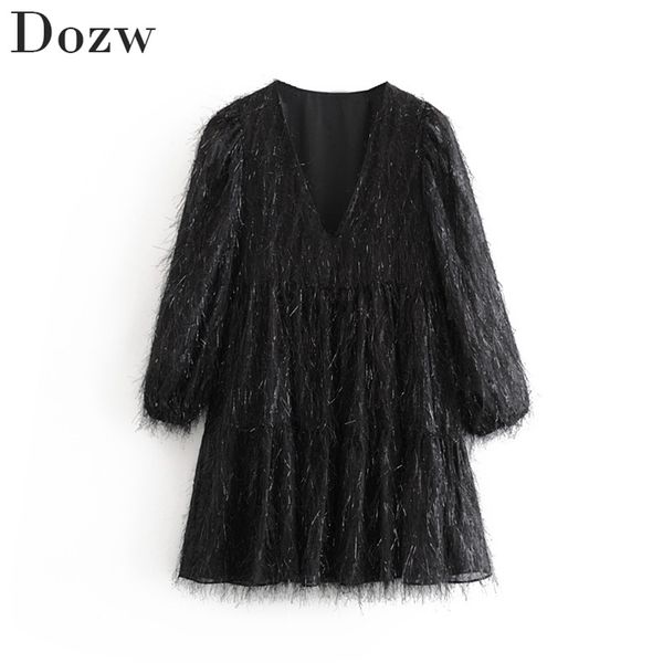 women mini dress long sleeve v neck solid tassel party casual loose pleated short stylish female christmas 210515, Black;gray
women mini dress long sleeve v neck solid tassel party casual loose pleated short stylish female christmas 210515, Black;gray