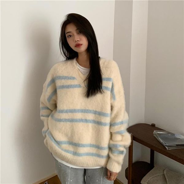 autumn winter v-neck striped women sweater 2021 loose female knitted jumpers pullovers knit women's sweaters, White;black
autumn winter v-neck striped women sweater 2021 loose female knitted jumpers pullovers knit women's sweaters, White;black