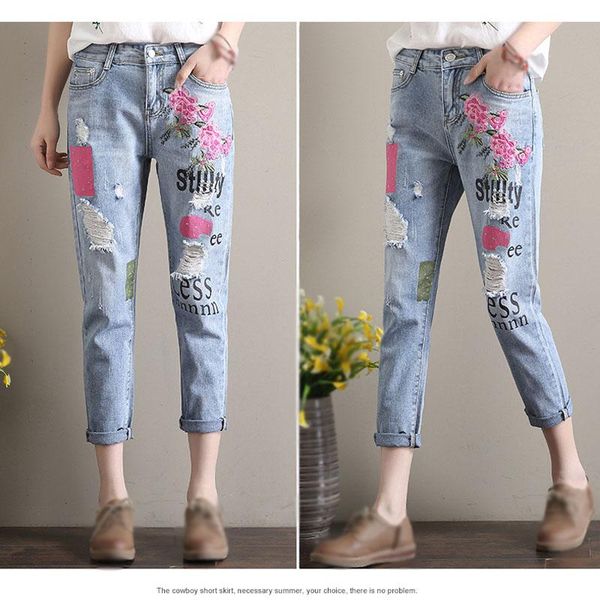 women's jeans embroidery ripped washed holes slim fitting printing letters ankle length pencil pants, Blue
women's jeans embroidery ripped washed holes slim fitting printing letters ankle length pencil pants, Blue