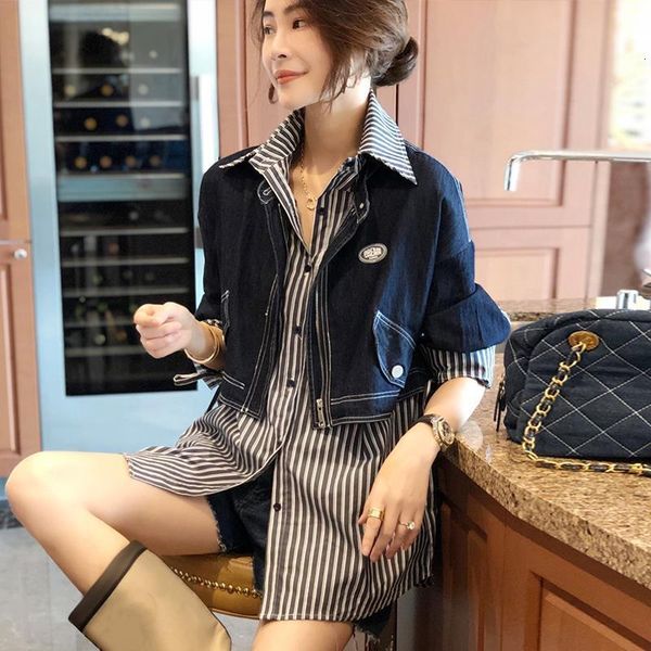 women's blouses & shirts patch coat denim fake two female pieces long shirt striped korean spring pl78, White
women's blouses & shirts patch coat denim fake two female pieces long shirt striped korean spring pl78, White