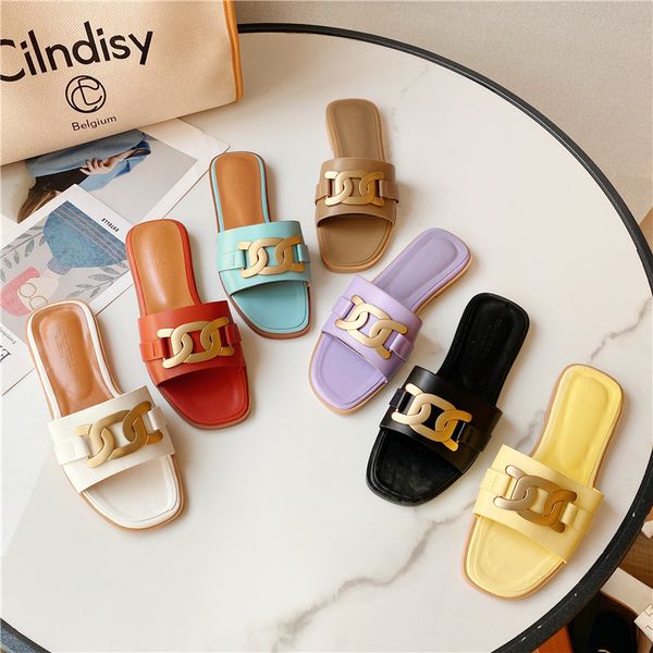 women's bottomed summer slippers big chain candy color metal button flat heel beach sandals, Black
women's bottomed summer slippers big chain candy color metal button flat heel beach sandals, Black