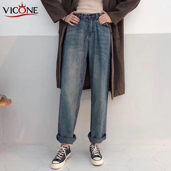 women's jeans vicone vintage loose women denim high waist straight pants female trousers ladies streetwear 2021, Blue 
women's jeans vicone vintage loose women denim high waist straight pants female trousers ladies streetwear 2021, Blue