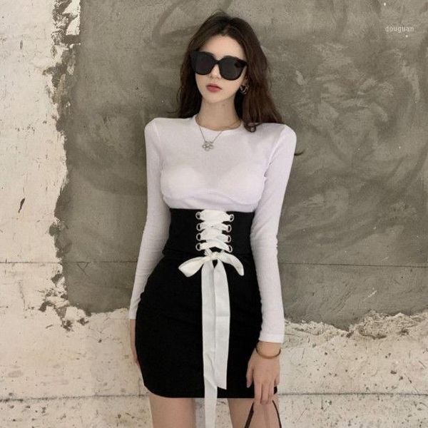 women's t-shirt autumn inner wear long-sleeved bottoming shirt lace-up waist-controlled temperament slimming short skirt fashion, White
women's t-shirt autumn inner wear long-sleeved bottoming shirt lace-up waist-controlled temperament slimming short skirt fashion, White
