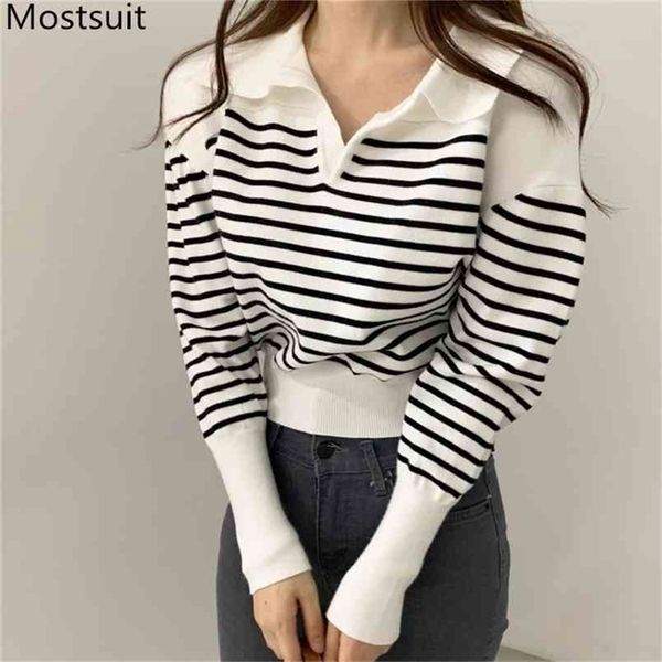 autumn korean striped knitted sweaters women long sleeve turn-down collar pullovers casual fashion ladies jumpers 210513, White;black
autumn korean striped knitted sweaters women long sleeve turn-down collar pullovers casual fashion ladies jumpers 210513, White;black
