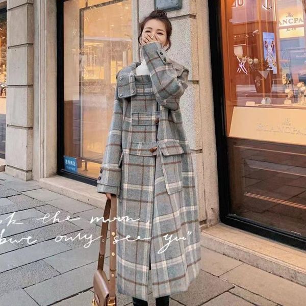 women's wool & blends winter coat women loose horn button fashion elegant warm long plaid outerwear female korean style casual vintage, Black
women's wool & blends winter coat women loose horn button fashion elegant warm long plaid outerwear female korean style casual vintage, Black