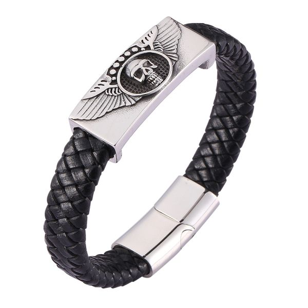 viking style stainless steel skull charm black genuine leather bracelet with mangetic buckle, Golden;silver
viking style stainless steel skull charm black genuine leather bracelet with mangetic buckle, Golden;silver