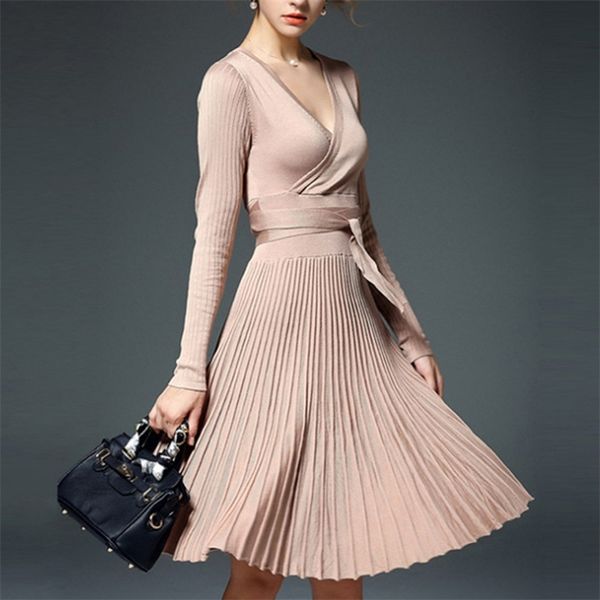 women basic autumn winter sweater dresses solid v-neck female long sleeve knitted pleated vestidos 210520, Black;gray
women basic autumn winter sweater dresses solid v-neck female long sleeve knitted pleated vestidos 210520, Black;gray