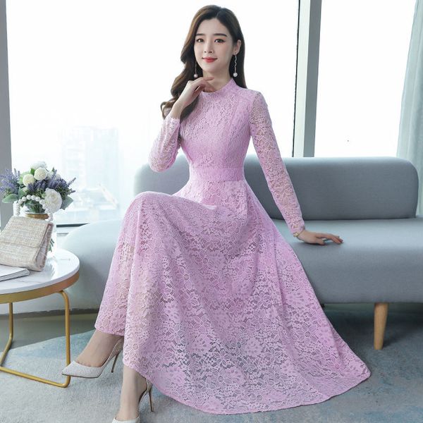 with sleeve lace temperament spring dress long female fall fine party elegant ladies robes k290 cwhy, Black;gray
with sleeve lace temperament spring dress long female fall fine party elegant ladies robes k290 cwhy, Black;gray