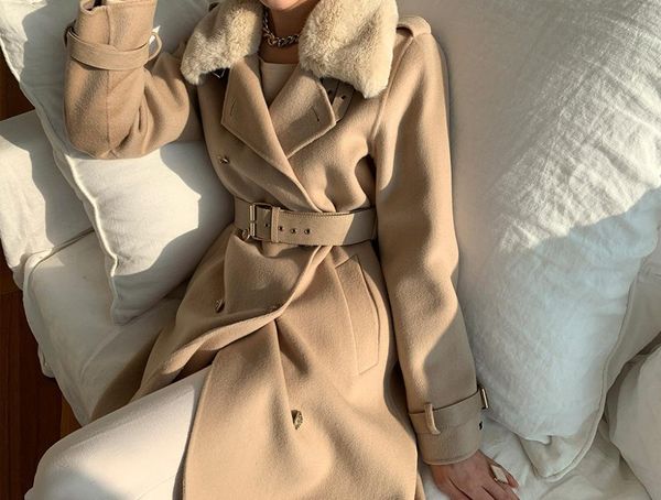 women's wool & blends temperament casual fur turn-down collar double-breasted coat with belt womens elegant solid loose mid-length oute, Black
women's wool & blends temperament casual fur turn-down collar double-breasted coat with belt womens elegant solid loose mid-length oute, Black