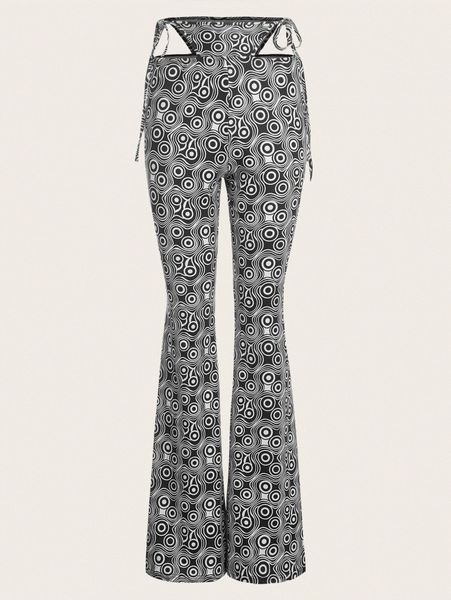 allover geo print cutout knot side pants r73i#, Black;white