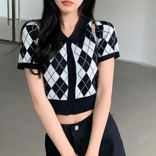 women's knits & tees women collar short sleeve plaid buttons knitted sweater cardigan summer check crop female exposed navel k, White
women's knits & tees women collar short sleeve plaid buttons knitted sweater cardigan summer check crop female exposed navel k, White
