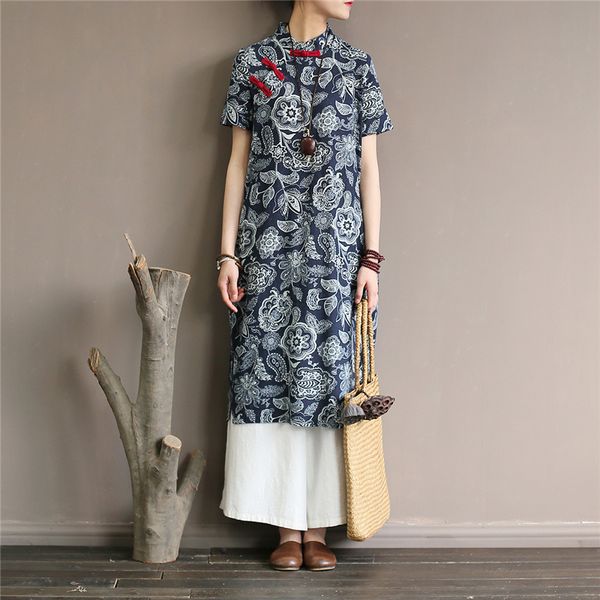 johnature women chinese style dress stand short sleeve button blue and white vintage cheongsam summer dress 210521, Black;gray
johnature women chinese style dress stand short sleeve button blue and white vintage cheongsam summer dress 210521, Black;gray