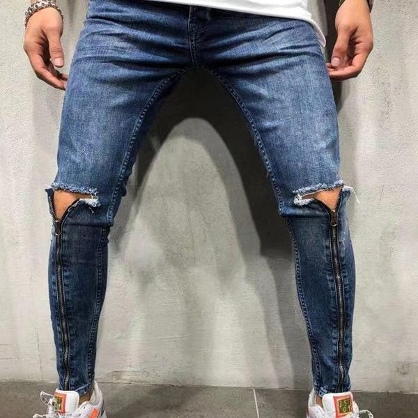 men's jeans men ripped long zipper slim male denim trousers black full length pencil pants, Blue
men's jeans men ripped long zipper slim male denim trousers black full length pencil pants, Blue