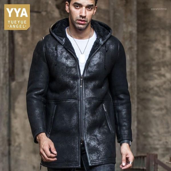 men's leather & faux vintage men mid long hoody genuine jacket military winter warm real fur lining overcoat wool natural shearling coa, Black
men's leather & faux vintage men mid long hoody genuine jacket military winter warm real fur lining overcoat wool natural shearling coa, Black