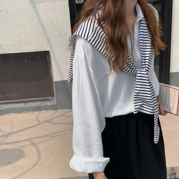 women's t-shirt price lazy wind autumn solid color long sleeve shirt + striped style shawl detachable, White
women's t-shirt price lazy wind autumn solid color long sleeve shirt + striped style shawl detachable, White