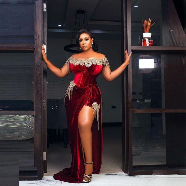 party dresses aso ebi style velvet prom off the shoulder plus size high split evening gowns african beaded formal dress, White;black
party dresses aso ebi style velvet prom off the shoulder plus size high split evening gowns african beaded formal dress, White;black