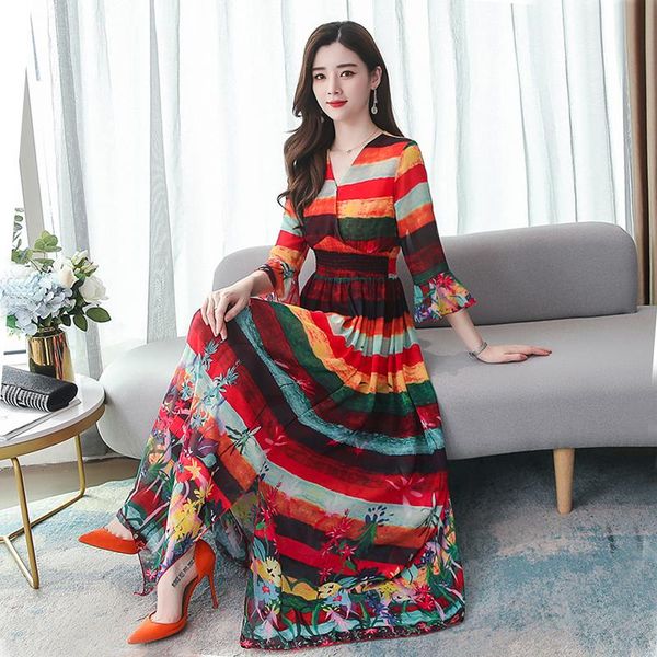 spring and summer silk long dress women multicolor elastic waist v-neck ruffle sleeve plus size clothes casual dresses, Black;gray
spring and summer silk long dress women multicolor elastic waist v-neck ruffle sleeve plus size clothes casual dresses, Black;gray
