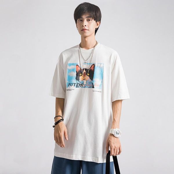 japanese t-shirt men's short sleeve trend cartoon new cat retro print personalized trend brand loose and versatile couple, White;black
japanese t-shirt men's short sleeve trend cartoon new cat retro print personalized trend brand loose and versatile couple, White;black