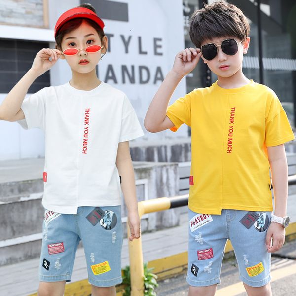 children's suit girl clothes kid summer clothing set casual teenage boys sports suit white/yellow t-shirts + jeans pants children track
children's suit girl clothes kid summer clothing set casual teenage boys sports suit white/yellow t-shirts + jeans pants children track
