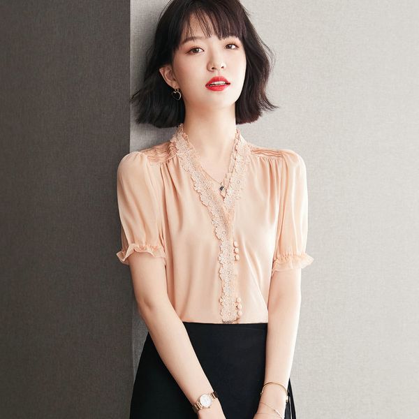 summer shirt short sleeve women's blouse lace v-neck silk puff shirt fashion elegant ladies blouse office shirt, White
summer shirt short sleeve women's blouse lace v-neck silk puff shirt fashion elegant ladies blouse office shirt, White