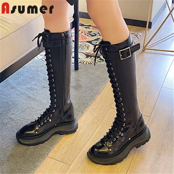 boots asumer 2021 arrive autumn winter women patent leather round toe lace up flat platform shoes ladies knee high, Black
boots asumer 2021 arrive autumn winter women patent leather round toe lace up flat platform shoes ladies knee high, Black