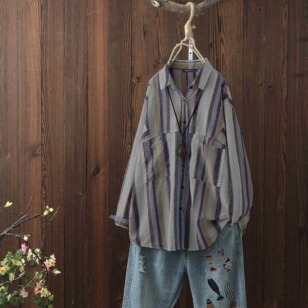 women's blouses & shirts blouses vintage blouse spring striped cotton casual long sleeve pockets female lapel blusa plus siz vjdi, White
women's blouses & shirts blouses vintage blouse spring striped cotton casual long sleeve pockets female lapel blusa plus siz vjdi, White