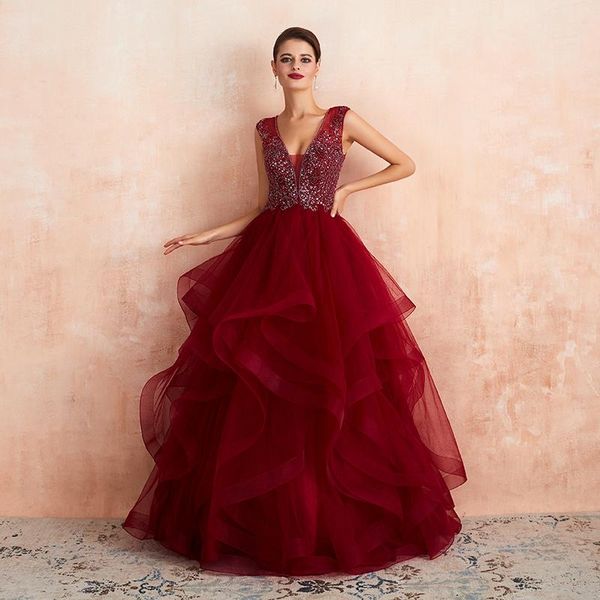 party dresses fashion wine red evening dress 2021 ruffles tulle v neckline crystal beaded women gown, White;black
party dresses fashion wine red evening dress 2021 ruffles tulle v neckline crystal beaded women gown, White;black