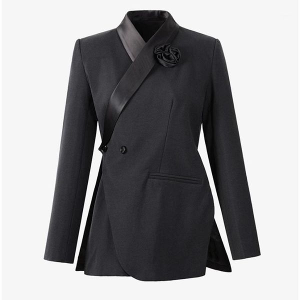 european three-dimensional handmade rose flower diagonal collar blazer female button side slit irregular dark black suit jacket women's, White;black
european three-dimensional handmade rose flower diagonal collar blazer female button side slit irregular dark black suit jacket women's, White;black