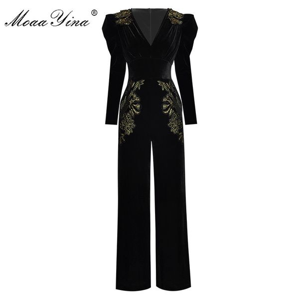 spring summer designer jumpsuits women's v-neck long sleeve gold line embroidery velvet 210524, Black;white
spring summer designer jumpsuits women's v-neck long sleeve gold line embroidery velvet 210524, Black;white