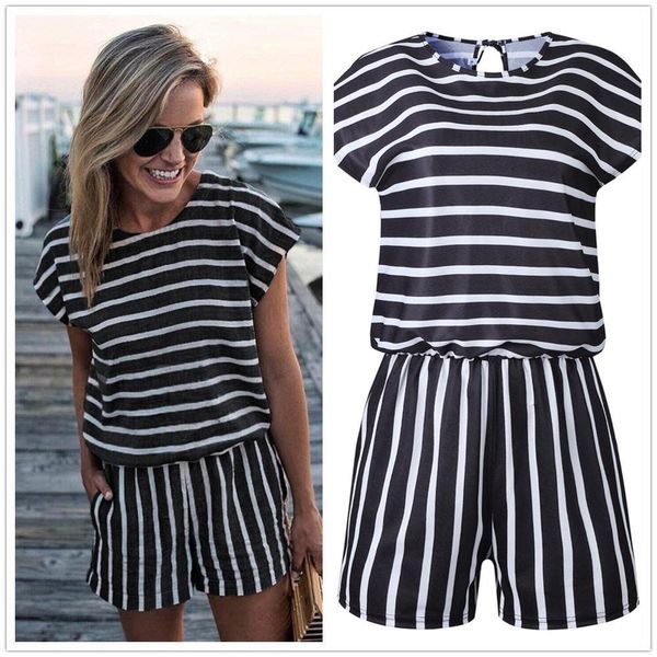 casual striped o neck short sleeve playsuit summer elastic waist slim back lace up women jumpsuits female streetwear overalls, Black;white
casual striped o neck short sleeve playsuit summer elastic waist slim back lace up women jumpsuits female streetwear overalls, Black;white