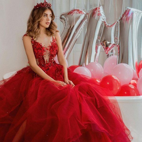 red prom dress sheer neck 2021 split ball gown princess quinceanera dresses appliques lace vestidos do baile de finalist, Blue;red
red prom dress sheer neck 2021 split ball gown princess quinceanera dresses appliques lace vestidos do baile de finalist, Blue;red
